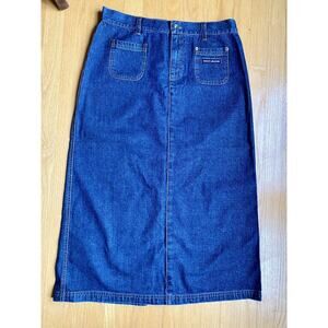 DKNY Jeans Womens Midi Blue Denim Skirt, Back Slit Sz 8 Front Pockets